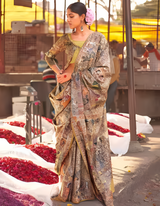 Women's Silk Blend Beige Printed Designer Saree with Blouse Piece