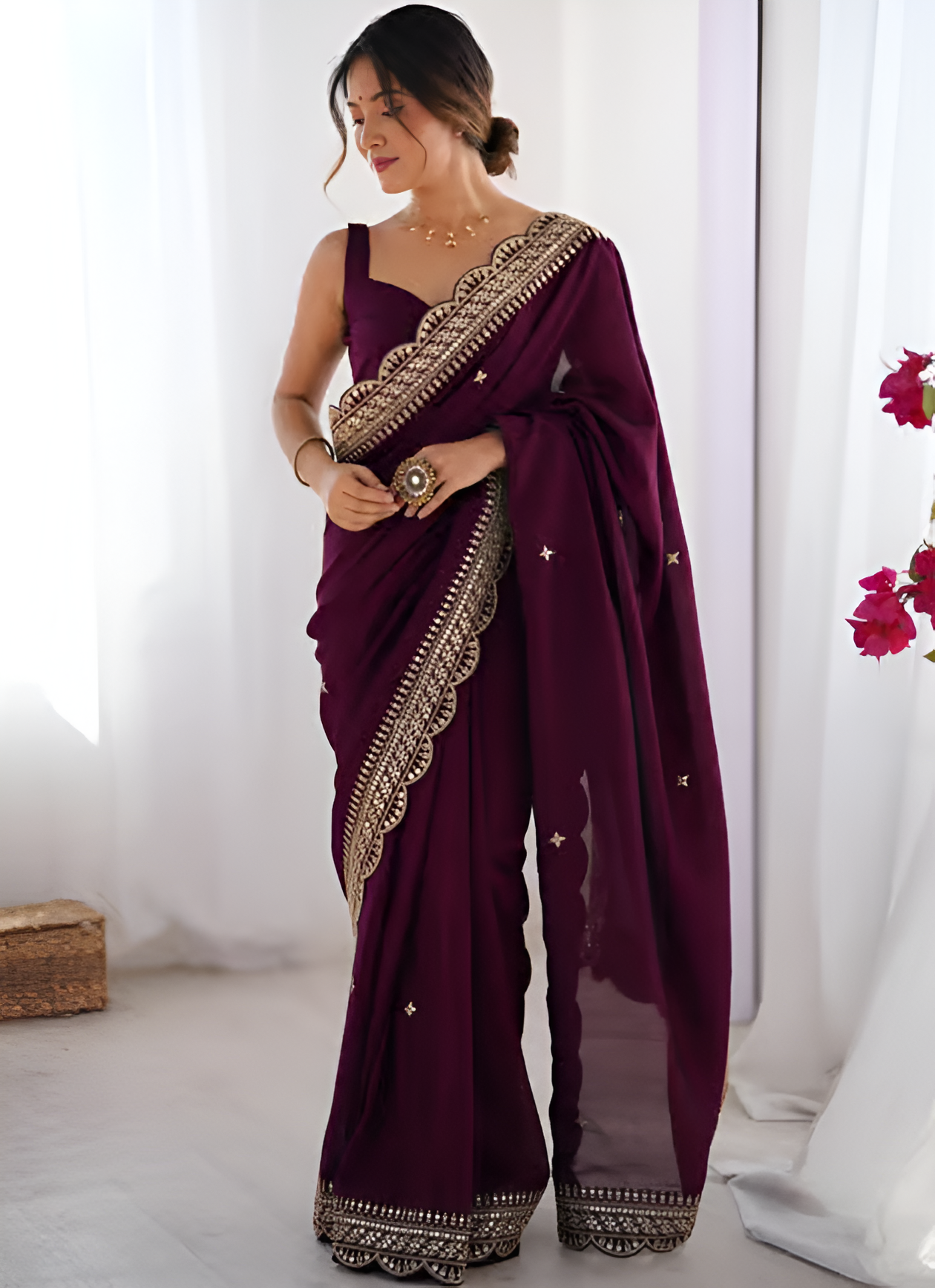 Women's Vichitra Silk Purple Embellished Designer Saree with Blouse Piece