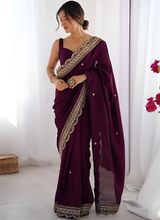Women's Vichitra Silk Purple Embellished Designer Saree with Blouse Piece