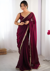 Women's Satin Pink Embellished Designer Saree with Blouse Piece