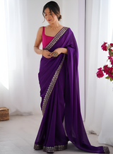 Women's Pure Georgette Pink Embellished Designer Saree with Blouse Piece