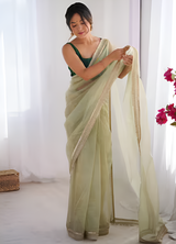 Women's Net Green Embellished Designer Saree with Blouse Piece