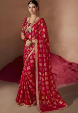 Women's Chiffon Red Embellished Designer Saree with Blouse Piece