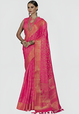 Women's Silk Blend Pink Woven Design Celebrity Saree with Blouse Piece