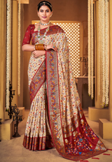 Women's Silk Blend White Woven Design Designer Saree with Blouse Piece