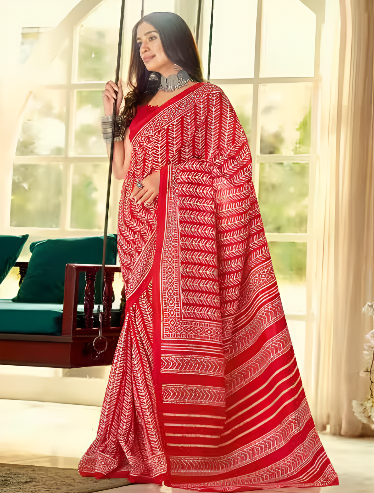Women's Bhagalpuri Silk Red Printed Designer Saree with Blouse Piece