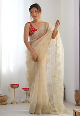 Women's Organza White Embellished Designer Saree with Blouse Piece