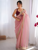 Women's Net Pink Embellished Designer Saree with Blouse Piece