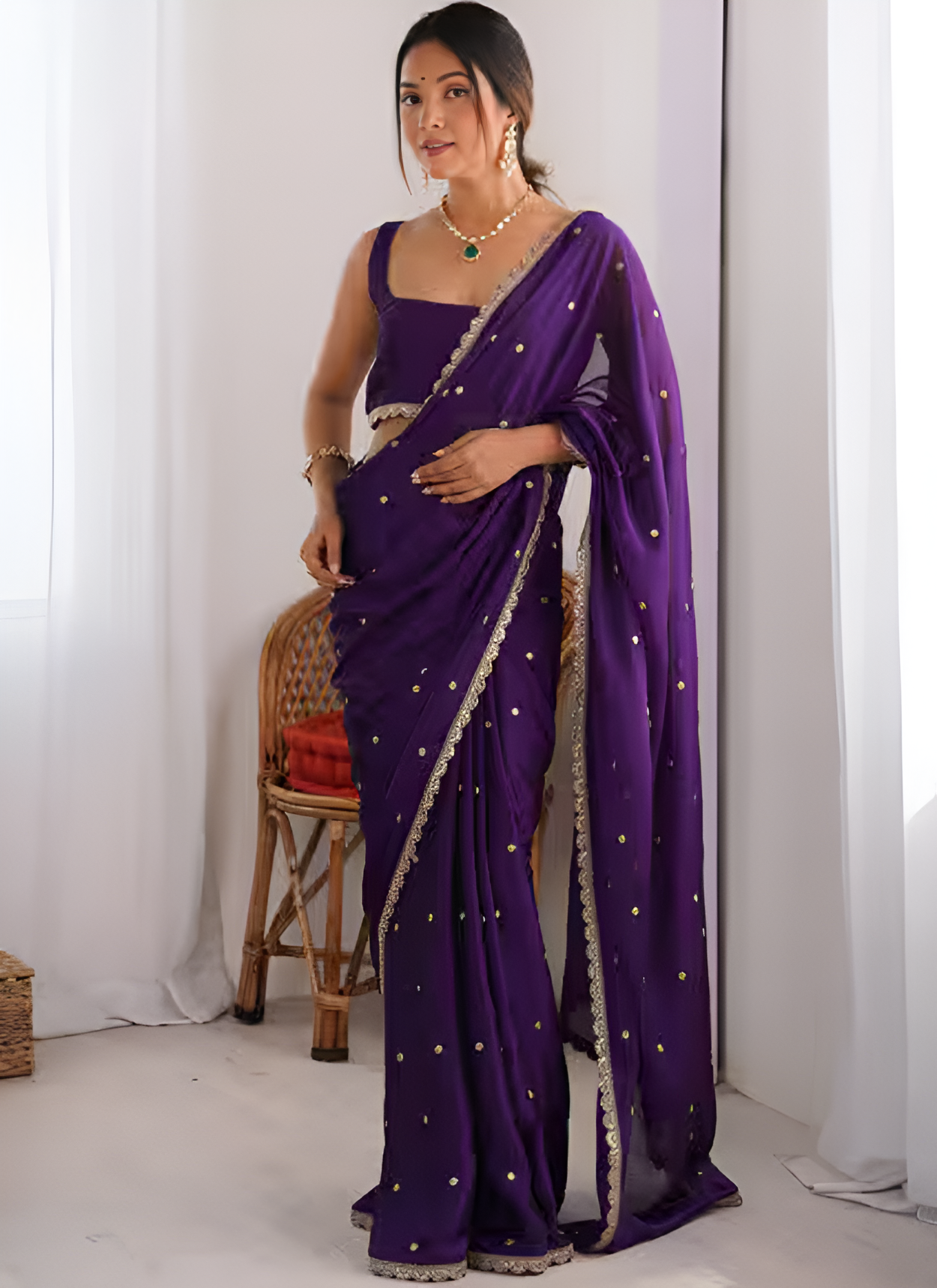 Women's Pure Georgette Purple Embellished Designer Saree with Blouse Piece