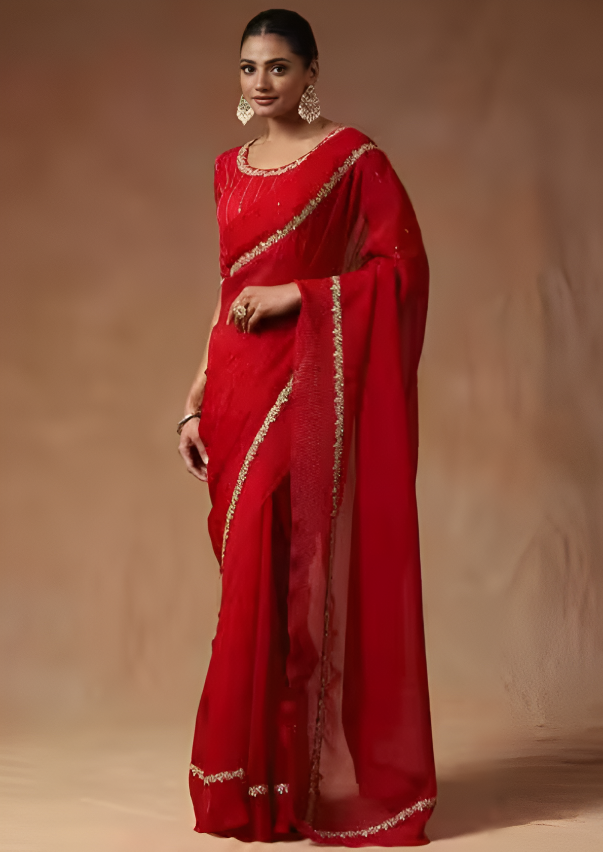 Women's Tissue Red Embellished Designer Saree with Blouse Piece