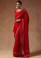 Women's Tissue Red Embellished Designer Saree with Blouse Piece