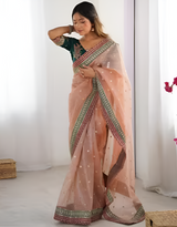 Women's Organza Orange Embellished Designer Saree with Blouse Piece
