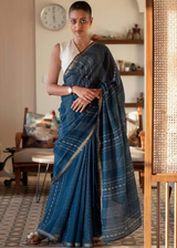 Women's Blue Cotton Blend Saree