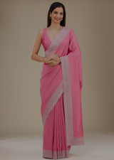 Women's Onion Pink Zariwork Soft Silk Saree