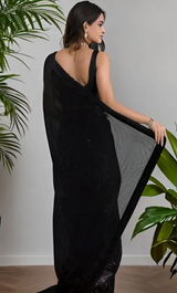 Women's Black Sequins Georgette Designer Saree