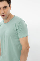 Men's Sky Blue Casual Solid Raw Edge Slim Fit Half Sleeves T-Shirt