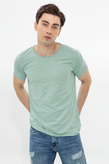 Men's Sky Blue Casual Solid Raw Edge Slim Fit Half Sleeves T-Shirt