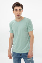 Men's Sky Blue Casual Solid Raw Edge Slim Fit Half Sleeves T-Shirt