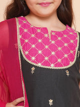 Girls Black Cotton Embroidered Kurta With Palazzos Set & Dupatta