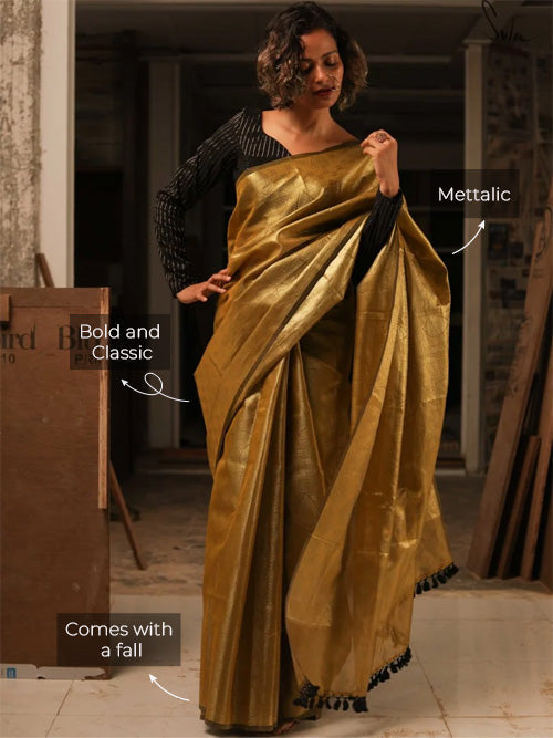 Women's Yellow Artificial Silk Zari Saree with Blouse Piece