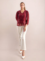 Women's Maroon Casual Regular Fit Printed Full Sleeves Top