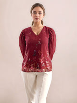 Women's Maroon Casual Regular Fit Printed Full Sleeves Top