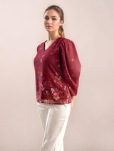 Women's Maroon Casual Regular Fit Printed Full Sleeves Top