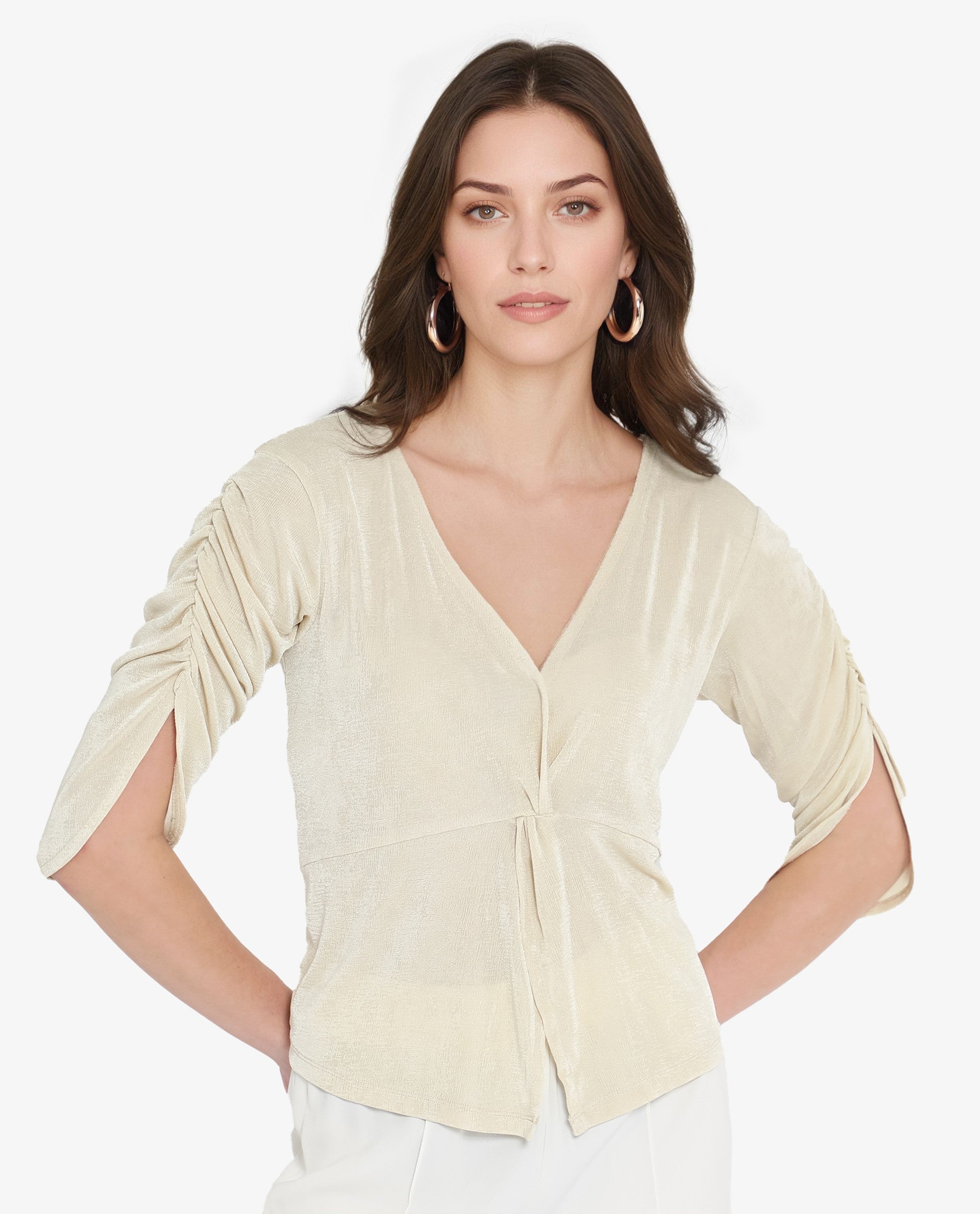 Women's Beige Casual Three Quarter Sleeves Top