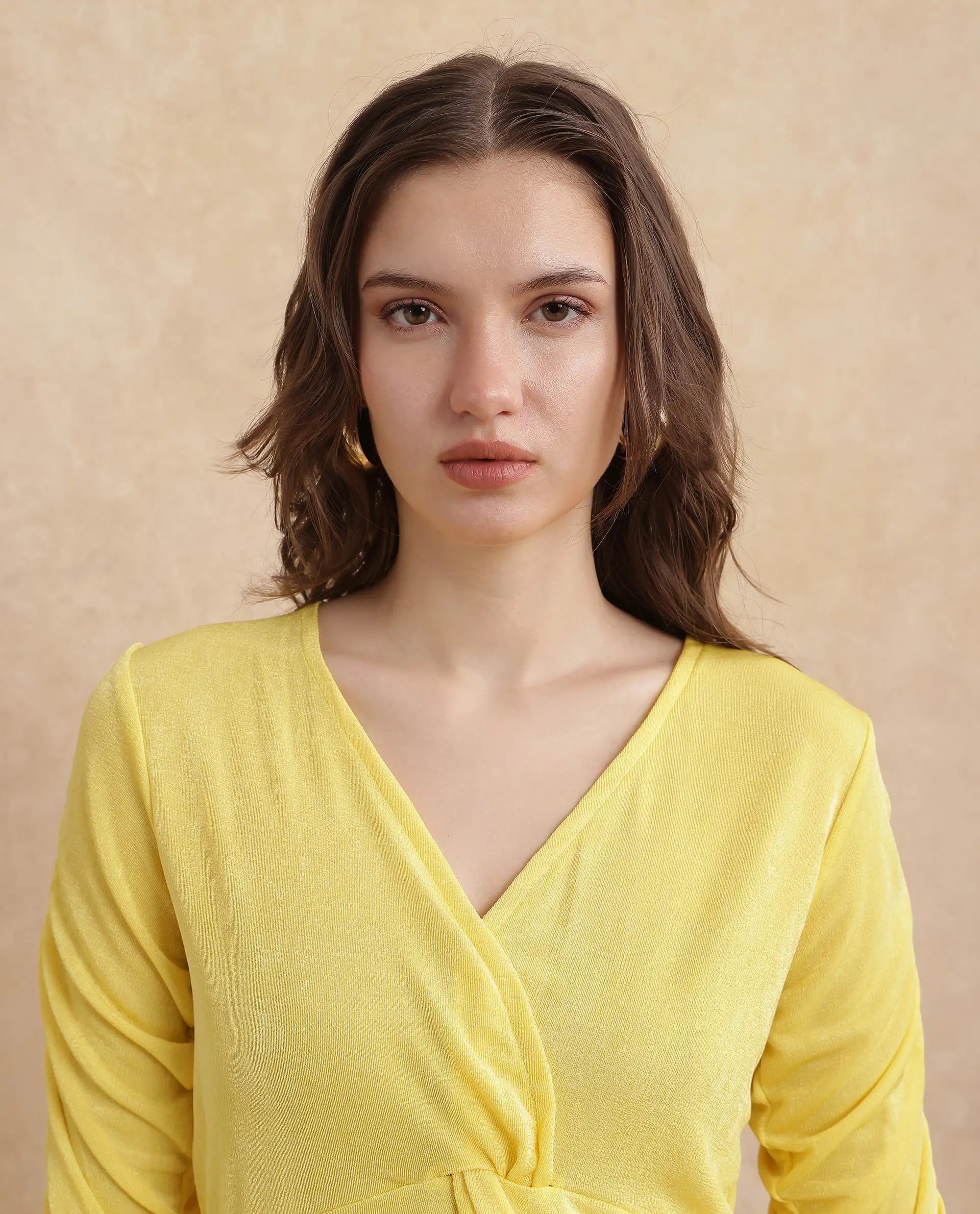Women's Yellow Casual Three Quarter Sleeves Top