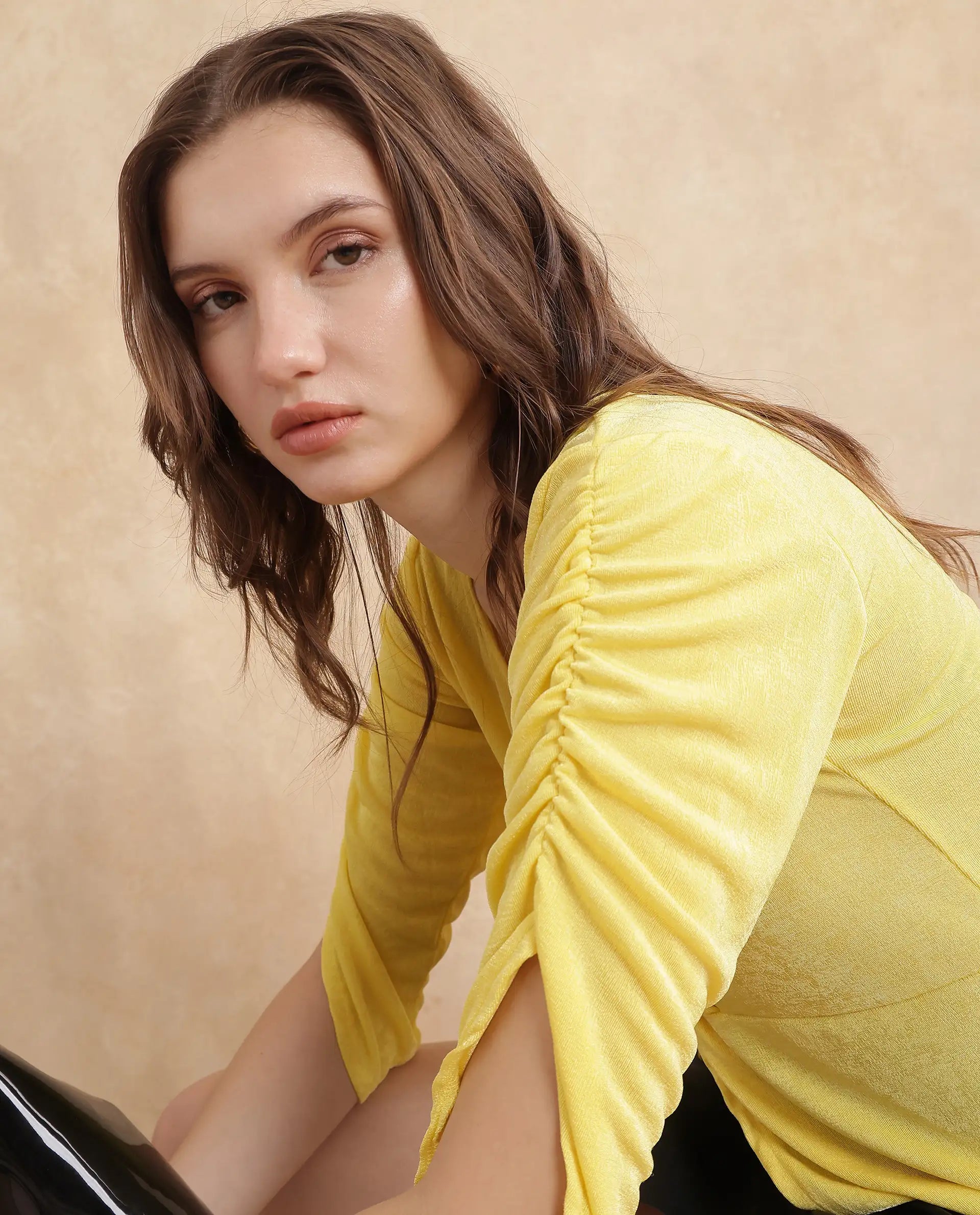 Women's Yellow Casual Three Quarter Sleeves Top