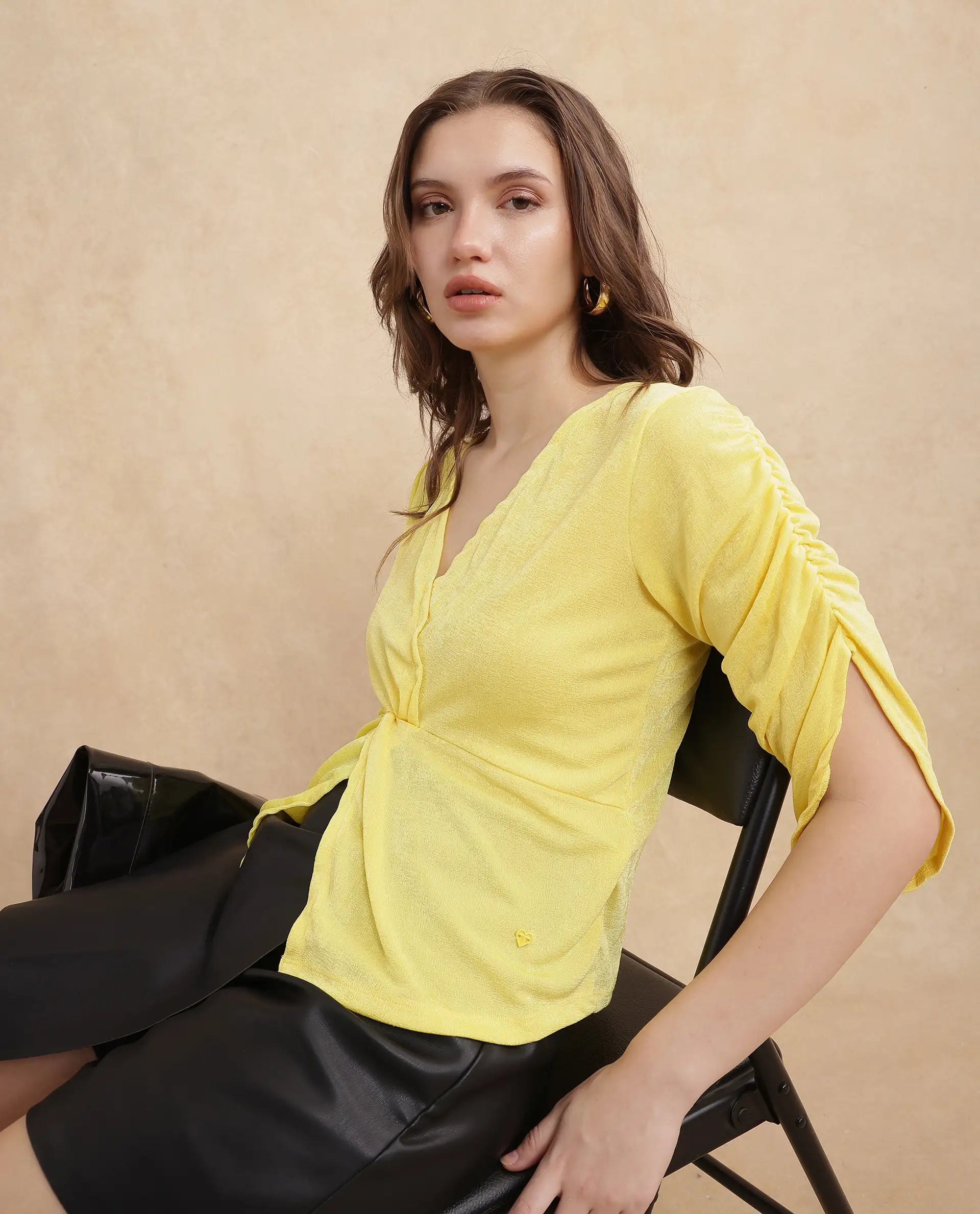 Women's Yellow Casual Three Quarter Sleeves Top