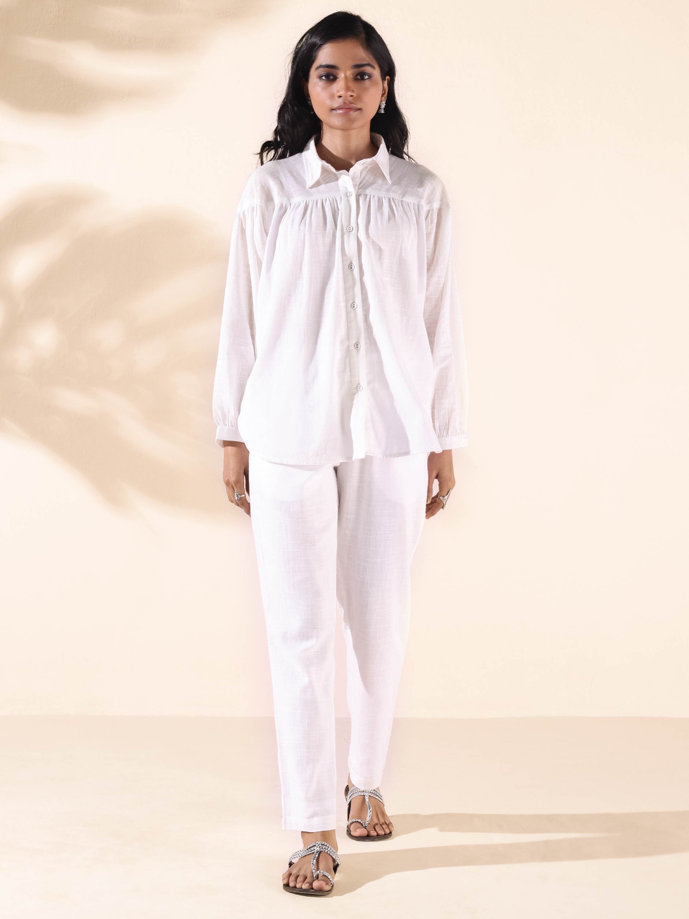 Women's White Cotton Shirt Co-ord Set