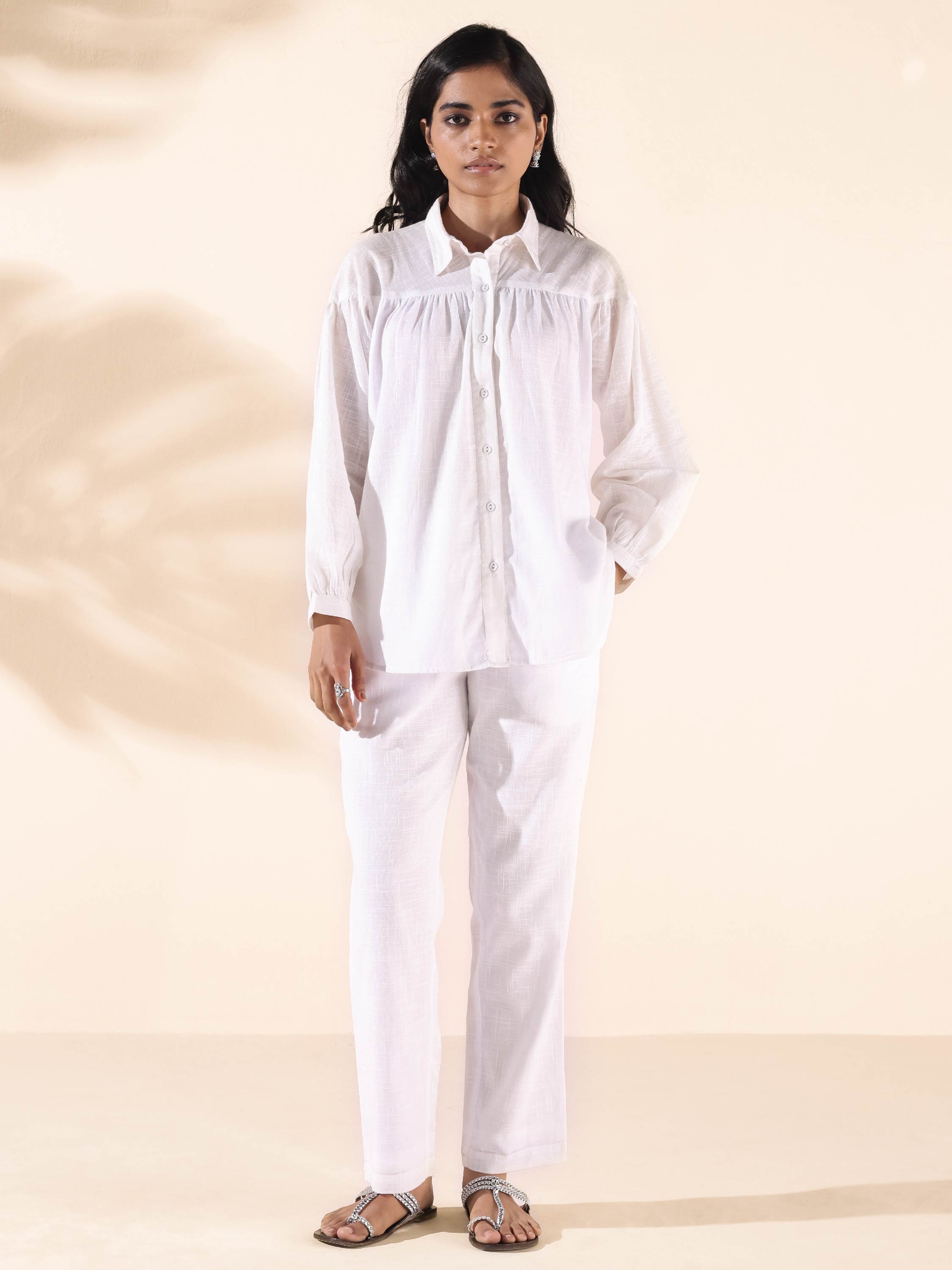 Women's White Cotton Shirt Co-ord Set