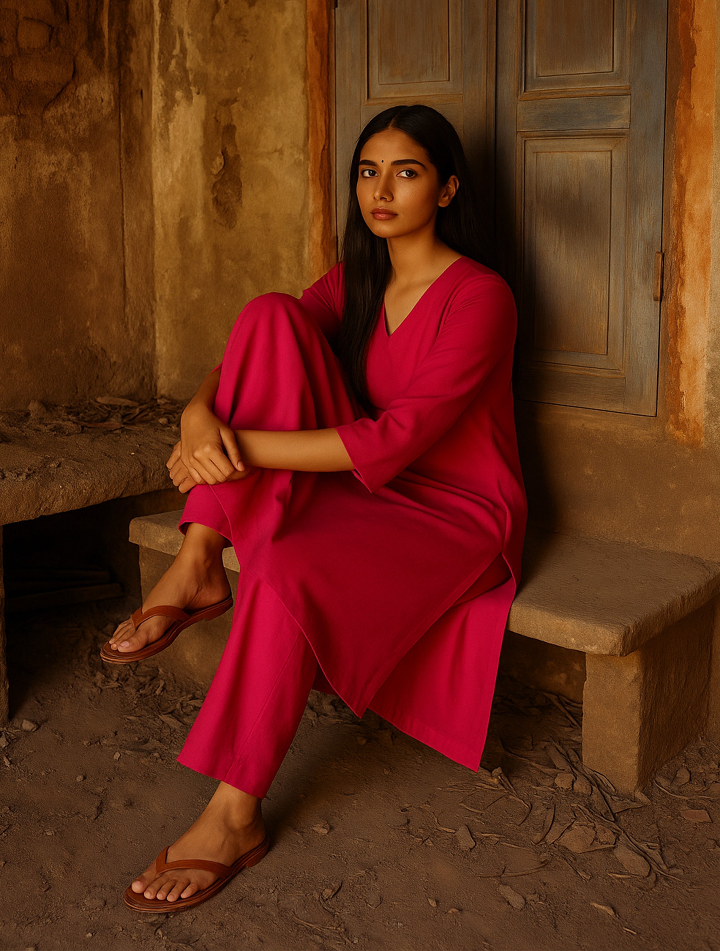 Women's Pink Casual Solid Kurta Set