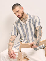 Men's Beige Casual Regular Fit Striped Half Sleeves Shirt