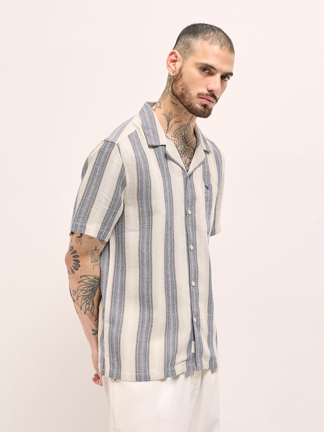 Men's Beige Casual Regular Fit Striped Half Sleeves Shirt