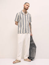 Men's Beige Casual Regular Fit Striped Half Sleeves Shirt
