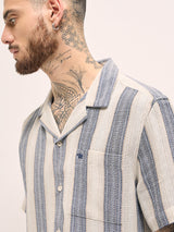 Men's Beige Casual Regular Fit Striped Half Sleeves Shirt