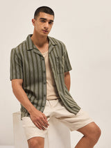 Men's Olive Casual Regular Fit Striped Half Sleeves Shirt