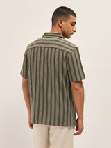 Men's Olive Casual Regular Fit Striped Half Sleeves Shirt