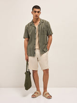 Men's Olive Casual Regular Fit Striped Half Sleeves Shirt