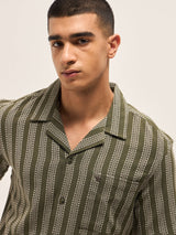 Men's Olive Casual Regular Fit Striped Half Sleeves Shirt