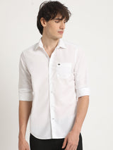 Men's White Casual Slim Fit Solid Full Sleeves Shirt