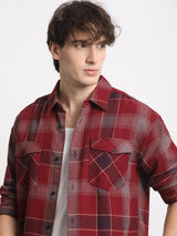 Men's Red Casual Regular Fit Checked Full Sleeves Shirt