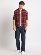 Men's Red Casual Regular Fit Checked Full Sleeves Shirt