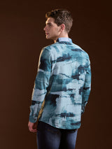 Men's Blue Casual Slim Fit Printed Full Sleeves Shirt