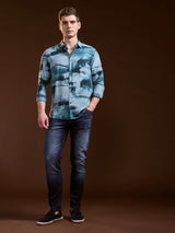 Men's Blue Casual Slim Fit Printed Full Sleeves Shirt