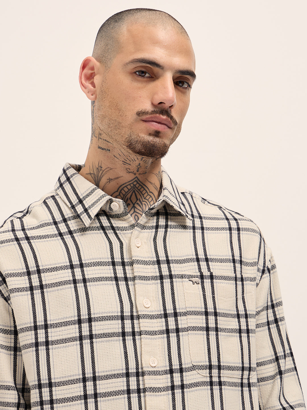 Men's Beige Casual Regular Fit Checked Full Sleeves Shirt