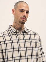 Men's Beige Casual Regular Fit Checked Full Sleeves Shirt
