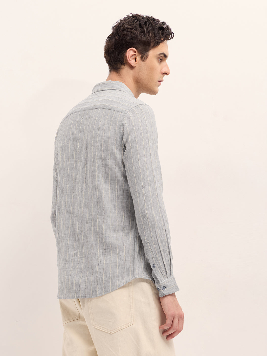 Men's Grey Casual Slim Fit Striped Full Sleeves Shirt